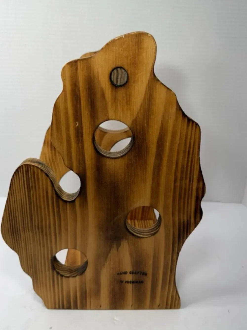 Handmade Hand Crafted Michigan Shaped Wine Rack Wooden 3 Bottle Carrier Handle